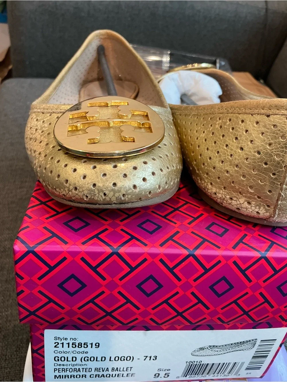 Tory Burch Reva Metallic Gold Perforated Ballet Flats Logo Medallion size 9.5
